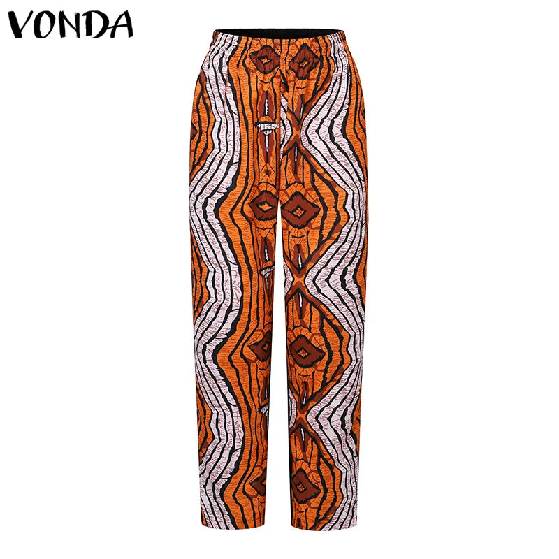 2 Piece Sets Women Summer Printing Loungewear Pants Sets VONDA 2024 Vintage Short Sleeve Tops Loose Pants Suits Matching Sets