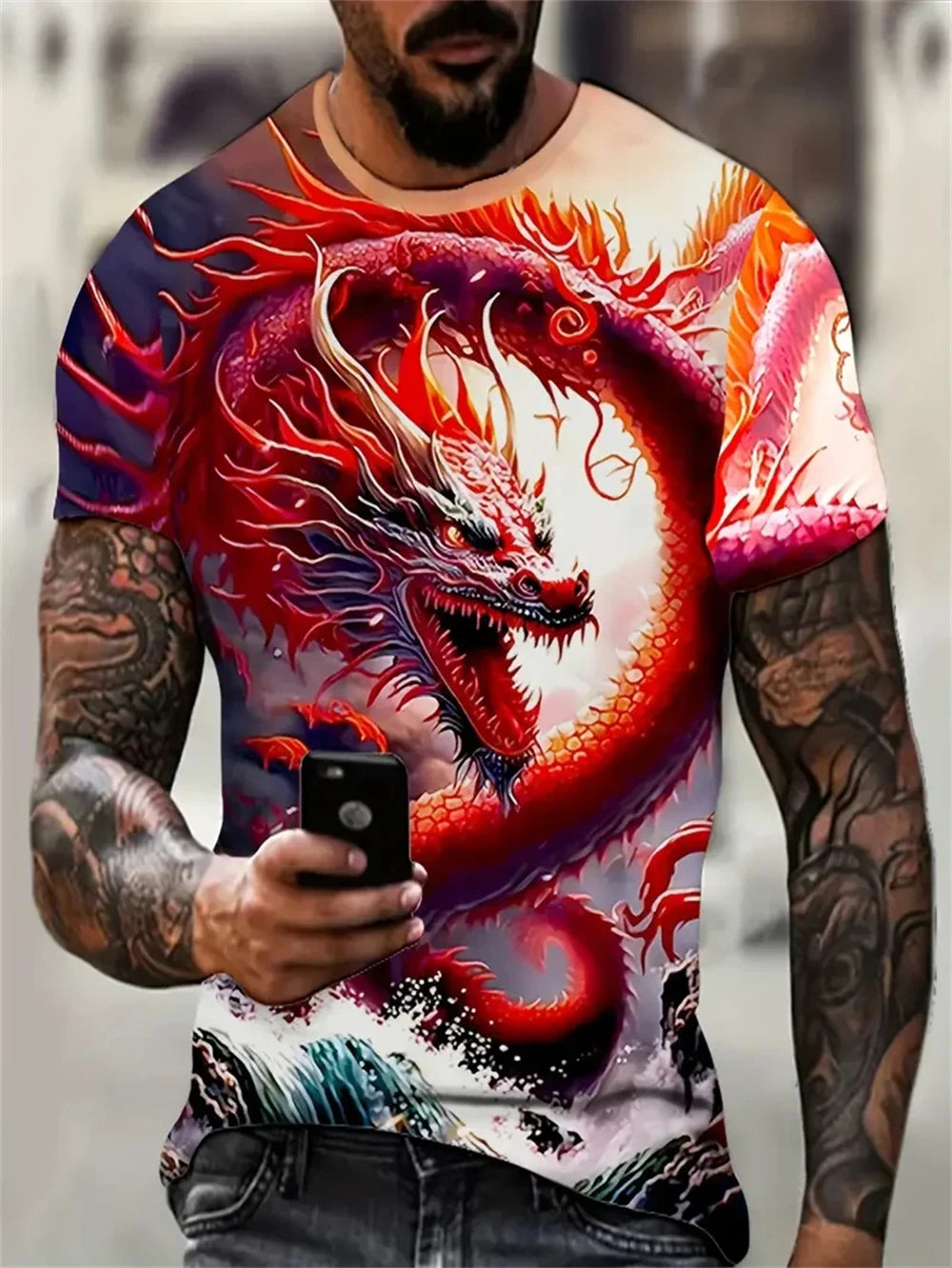 Mens Dragon Print Cotton Blend T-shirt - Stylish Crew Neck Comfortable & Breathable for Summer Casual Everyday Wear Hot Sale