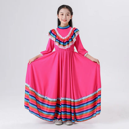 2024 New  Mexican Girls' Skirts Big Skirts Ethnic Style Dresses Dance Costumes Rose Red Costumes Love Live Cosplay