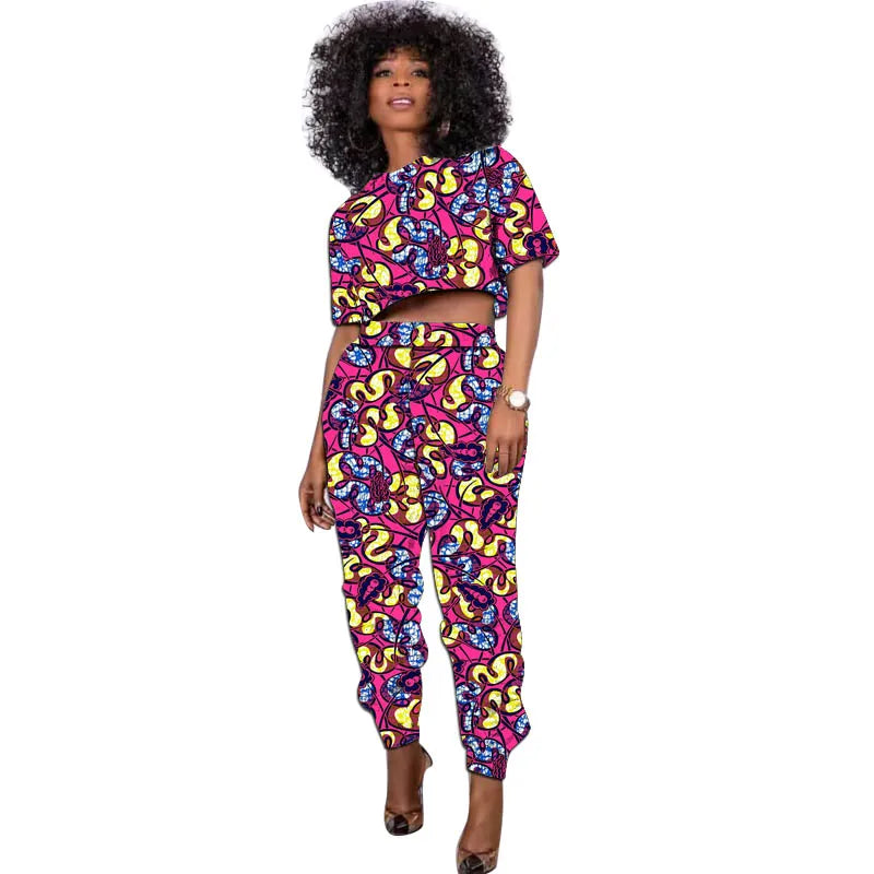 African Print Outfit Summer Women's Set Short Tops With Jogger Pants Casual Female Ankara Clothing