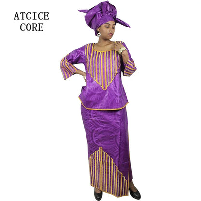 African Dresses For Woman Bazin Riche Computer Emboridery Plus Size Long Dress With Scarf