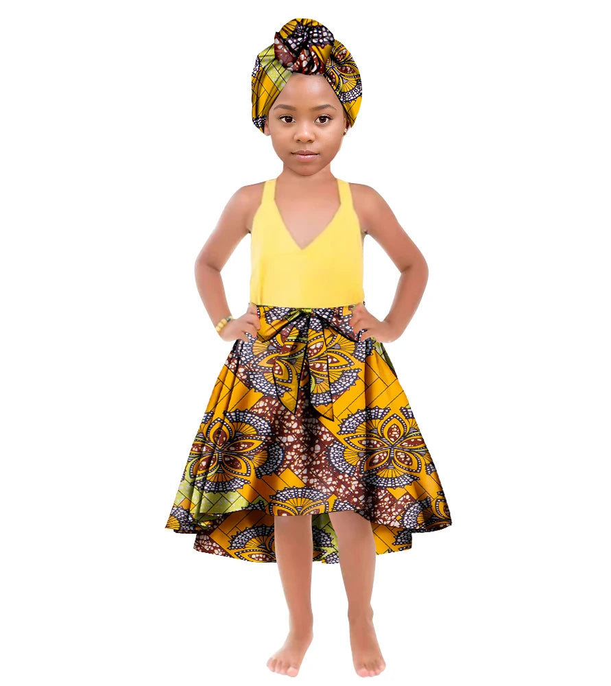 ORIENTAR African Girl's Clothes for Long Ankala Print Skirt Take A Headscarf To The Knees Children Clothing WYT842