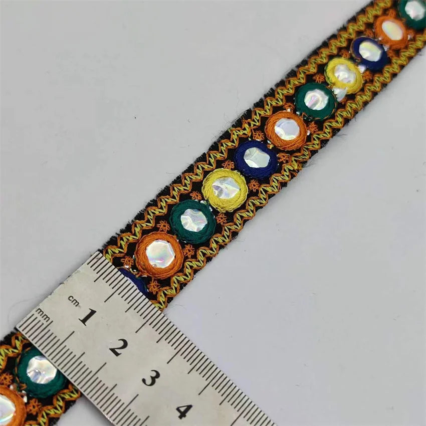 1 yard Ethnic Mirror Embroidered Webbing 2 cm Indian Trim DIY Handmade Sewing Net Yarn Ribbons Clothing Decorative Lace Trim