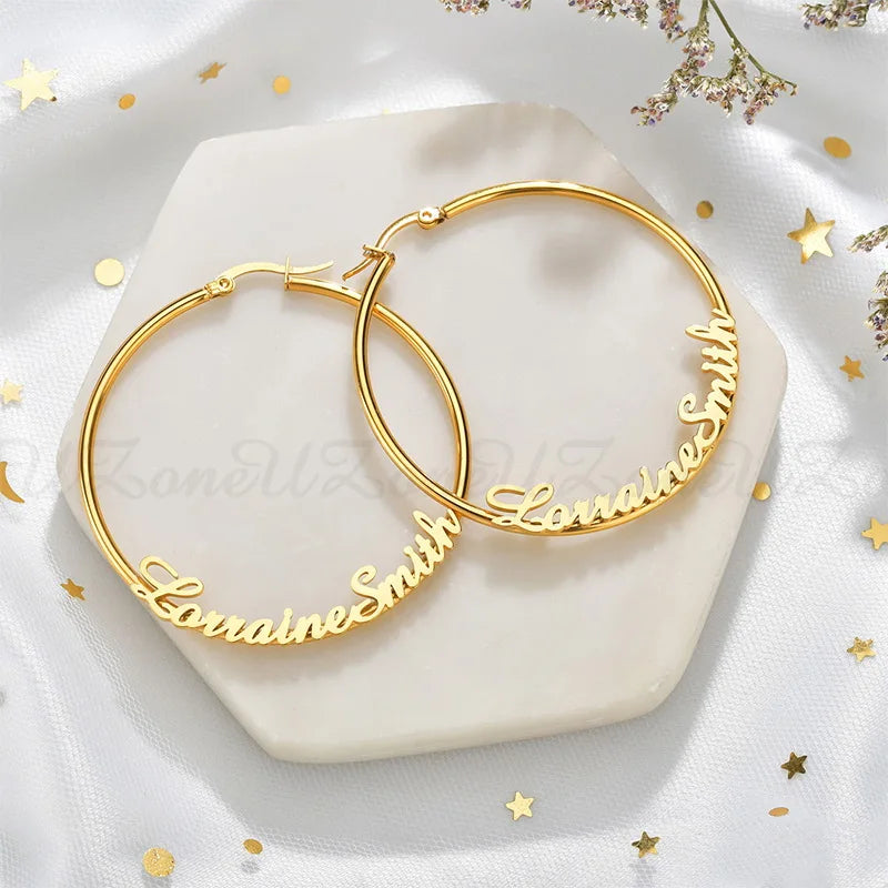 Romantic Custom Name High-End Stainless Steel Jewelry Personalized 50mm Hoop Earrings Accessories for Women Birthday Party Gift