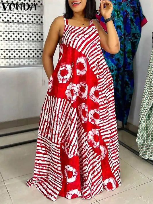 Plus Size 5XL VONDA Bohemian Printed Maxi Dress 2024 Summer Sleeveless Party Beach Sundress Tank Long Vestido Casual Loose Robe