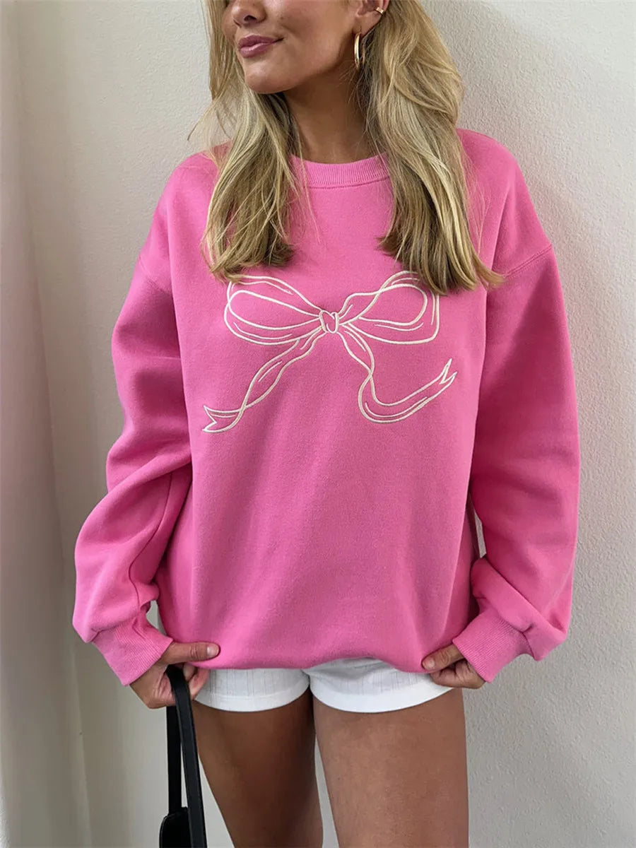 Cute Pink Bow Prints Hoodie for Women Fall Casual Loose Round Neck Long Sleeve Sweatshirts Female Spring Pullovers Tops Coat Y2K