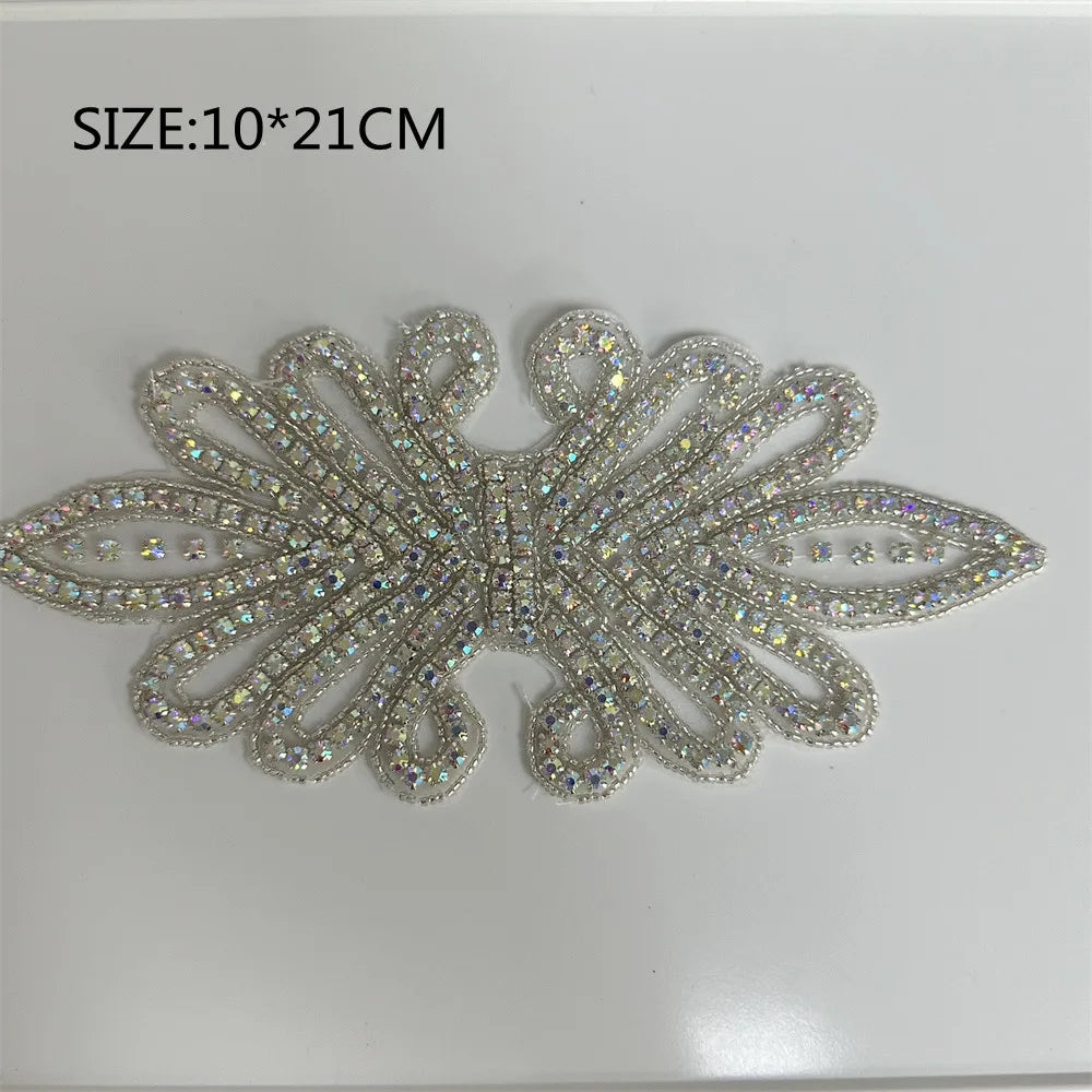 1PCS  AB Silver Rhinestone Applique flower patches Iron on/sew on wedding dress accessories For Clothes Decoration