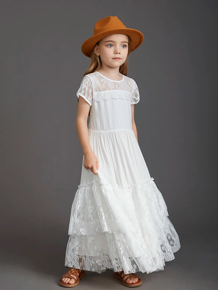 New 2024 Princess Girls Short Sleeve Lace Long Floor Dresses Baby Kids Flower Wedding Christmas Party Vestidos Children Clothing