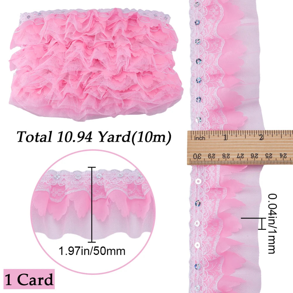 11 Yards Pink Double-Layer Pleated Chiffon Lace Trim 5cm Wide 2-Layer Gathered Ruffle Trim Edging Tulle Trimmings Fabric Ribbon