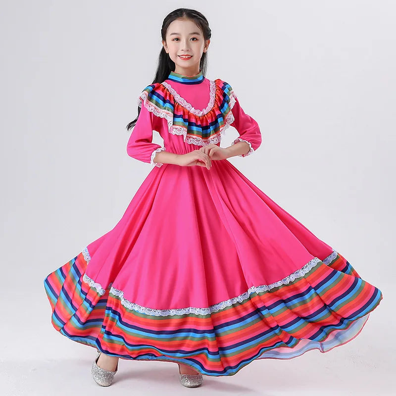 2024 New  Mexican Girls' Skirts Big Skirts Ethnic Style Dresses Dance Costumes Rose Red Costumes Love Live Cosplay