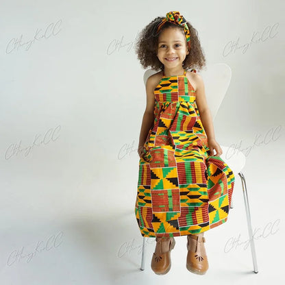 Girls African Clothes Children Fashion Cute Dresses Striped Print Dress for Baby w/ Headband Toddler Outfits