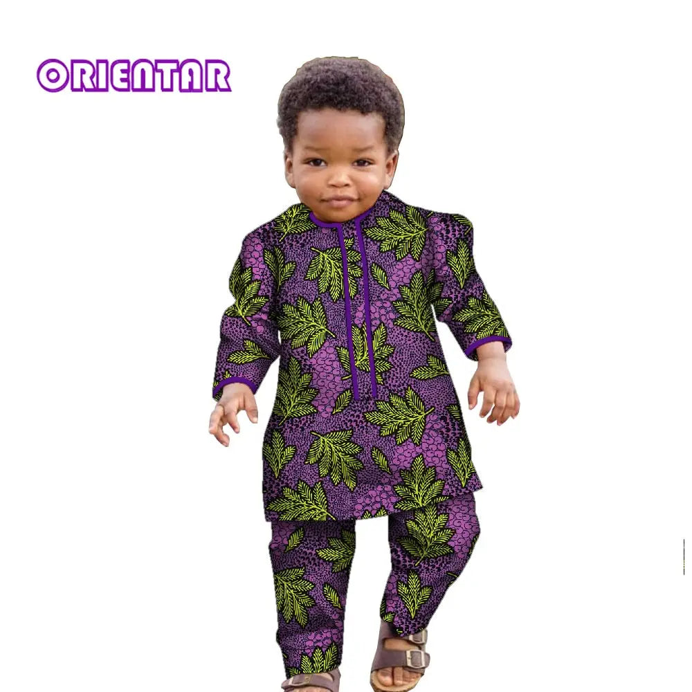 Ankara Fashion Floral Print Boy Suit 2 Pcs Set Long Sleeve Shirt and Pant African Clothes for Boy Dashiki Boy Outfit Wyt621