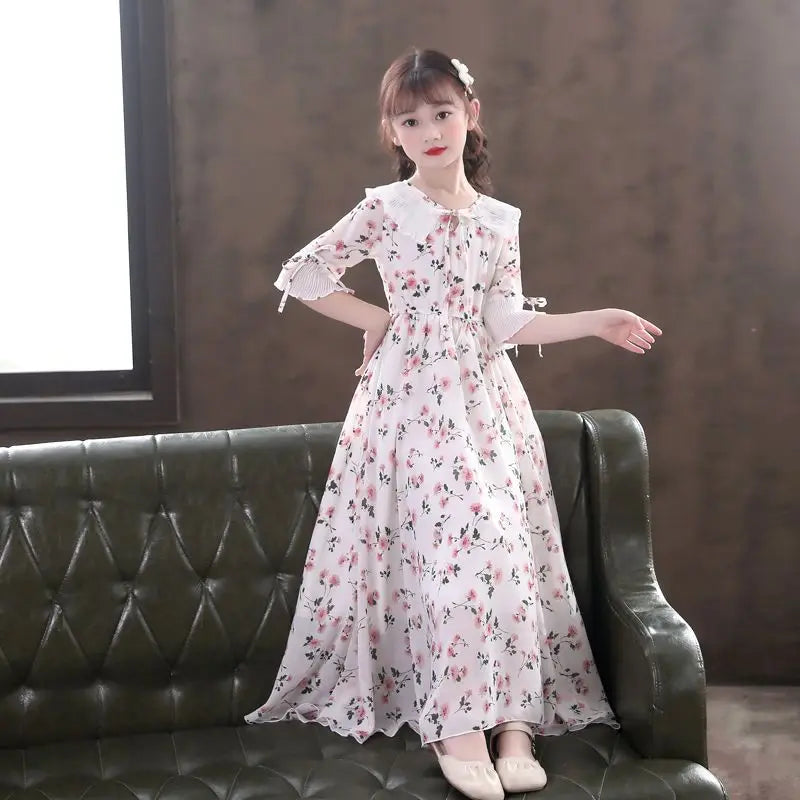 5-16Y Kids Floral Princess Party Dresses For Girls Summer Elegant Children Bohemian Chiffon Maxi Dresses Teenage Girl Clothes 12