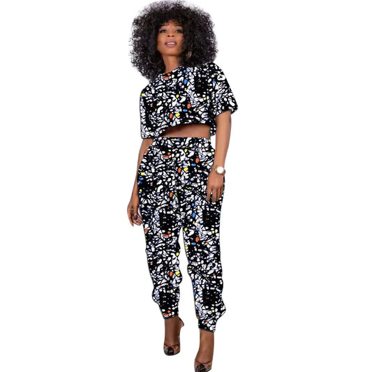 African Print Outfit Summer Women's Set Short Tops With Jogger Pants Casual Female Ankara Clothing