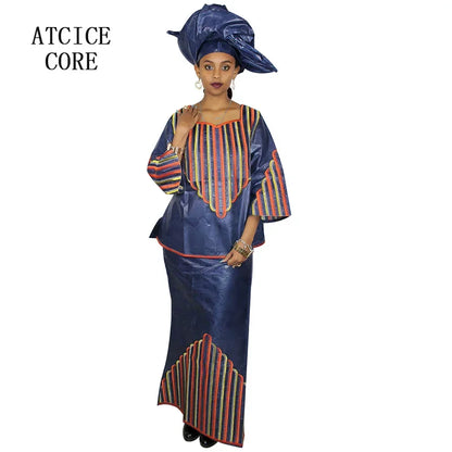 African Dresses For Woman Bazin Riche Computer Emboridery Plus Size Long Dress With Scarf