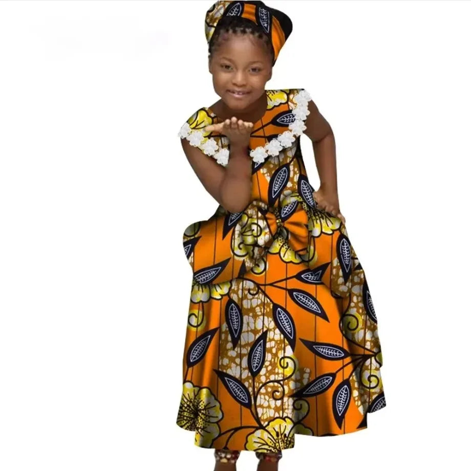 African Dresses for Little Girls Pleated Skirt Gifted Hair Band Lovely Girl Clothing with Big Bow Custom Size Clothes  WYT538