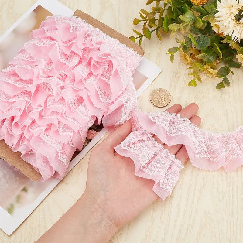 11 Yards Pink Double-Layer Pleated Chiffon Lace Trim 5cm Wide 2-Layer Gathered Ruffle Trim Edging Tulle Trimmings Fabric Ribbon