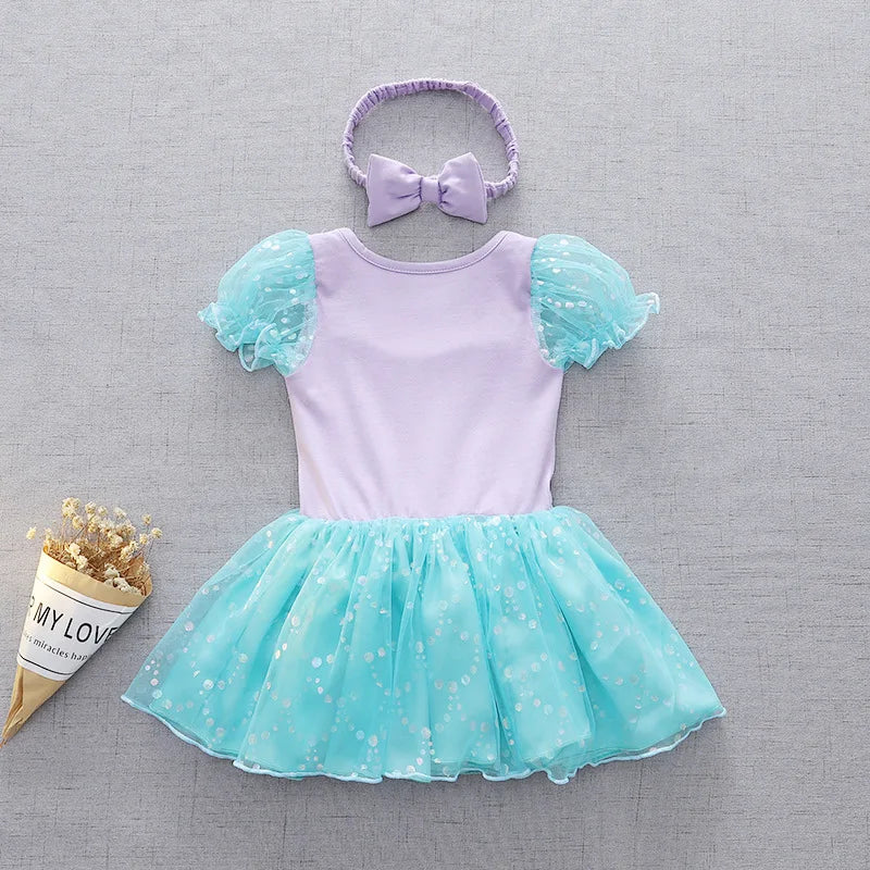 Baby Girls Princess Romper Bodysuit Headband 2pcs Elsa Anna Snow White Mermaid Bell Costumes Newborn Jumpsuits Tulle Bow Rompers