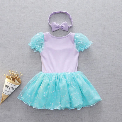 Baby Girls Princess Romper Bodysuit Headband 2pcs Elsa Anna Snow White Mermaid Bell Costumes Newborn Jumpsuits Tulle Bow Rompers