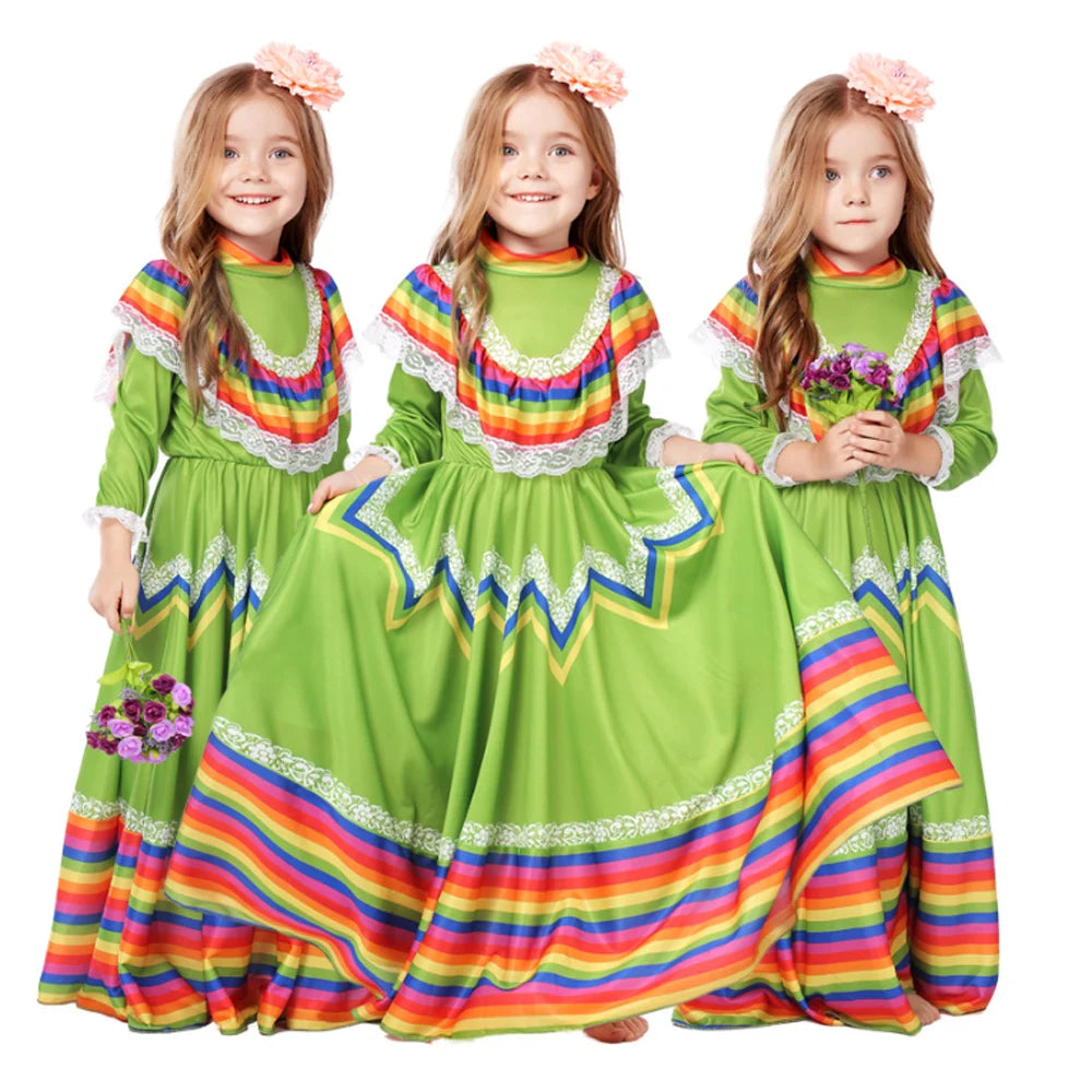 Child Girls Jalisco Traditional Guadalajara Mexican Folk Dancer Costume Halloween Carnival Costumes For Kids 5 Colors Available