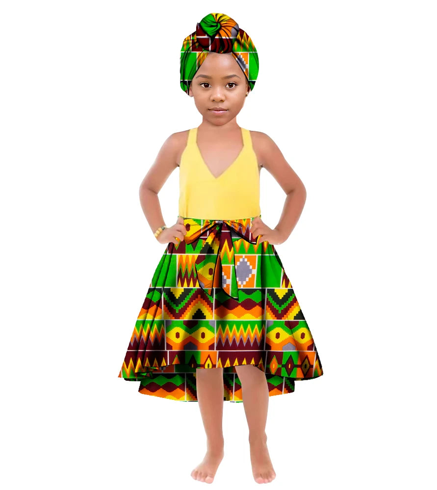 ORIENTAR African Girl's Clothes for Long Ankala Print Skirt Take A Headscarf To The Knees Children Clothing WYT842