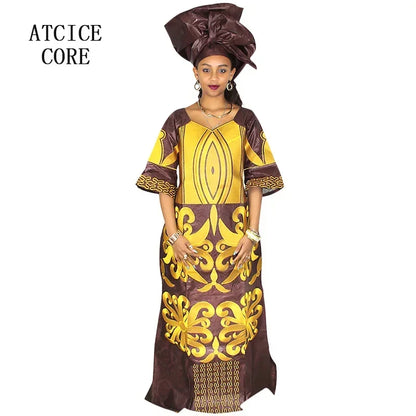 African Dress For Woman Bazin Riche Embroidery Design Floor Length Dress With Scarf