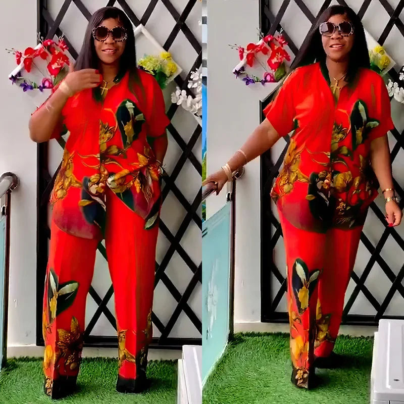 Outfits 2 Piece African Clothes for Women Summer 2024 Fashion African Short Sleeve Polyester Print Top Long Pant Matching Sets