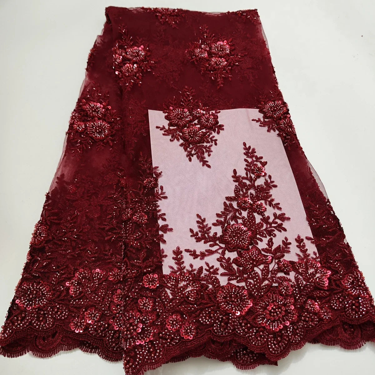 Luxury Wine African Sequins Beads Lace Fabric 2023 French Handmade Beads Tulle Net Lace Fabric For Evening Party Dress PWH23107A