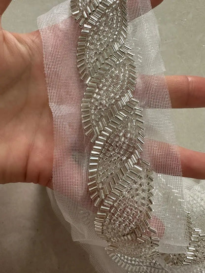 90cm Sequin Pearl Beaded Lace Trim Mesh Lace Ribbon Fabric Clothes Decoration Wedding Dress Collar Sleeve African Lace Applique