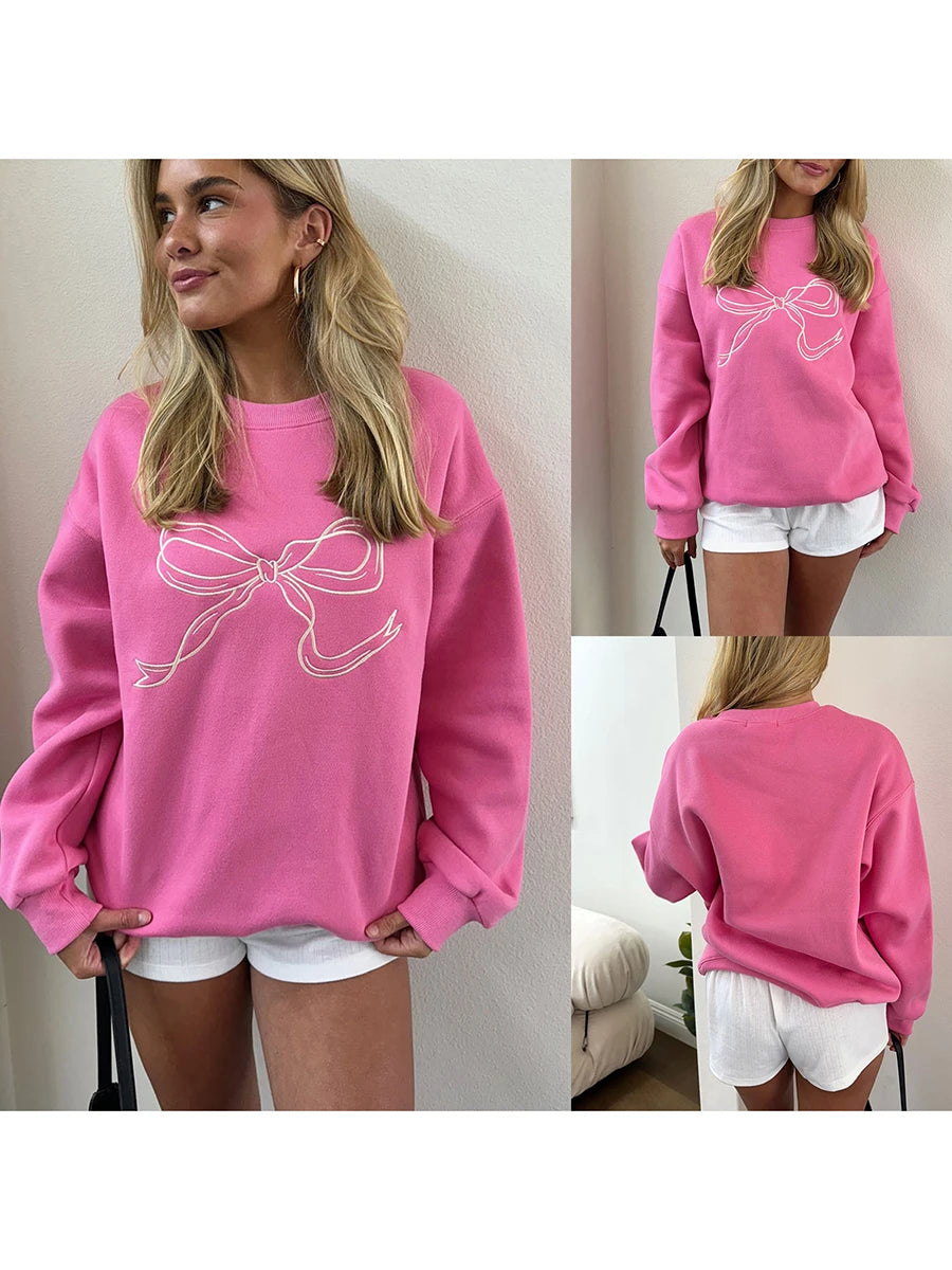 Cute Pink Bow Prints Hoodie for Women Fall Casual Loose Round Neck Long Sleeve Sweatshirts Female Spring Pullovers Tops Coat Y2K