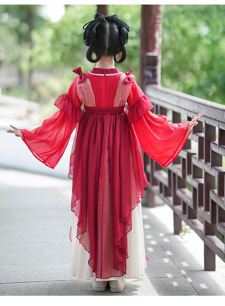 Chinese Vintage Style Girls Long Sleeve Red Hanfu Dress Sweet Chinese Princess Mesh Dress Traditional New Year Cosplay Custom