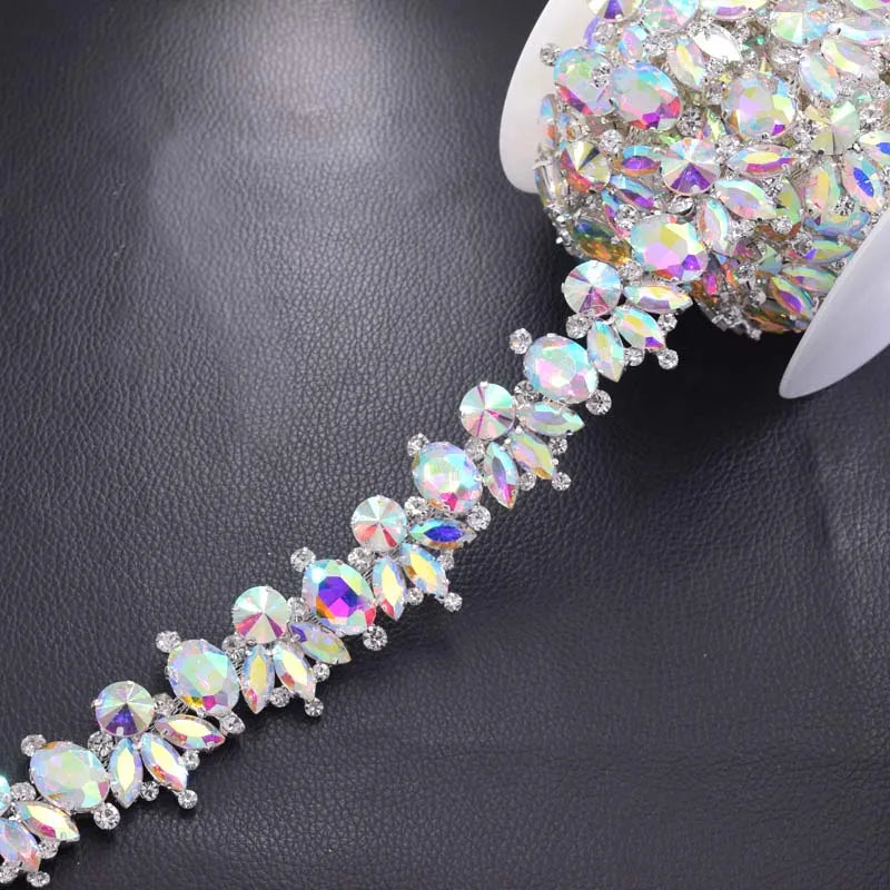 1 Yard Luxury Shiny Glass Strass Bridal Dress Belt Sash Trim Appliques – Clear AB Silver Rhinestones Sew-On Decorations