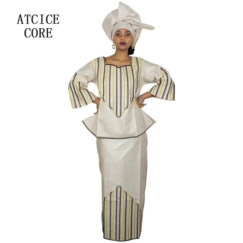 African Dresses For Woman Bazin Riche Computer Emboridery Plus Size Long Dress With Scarf