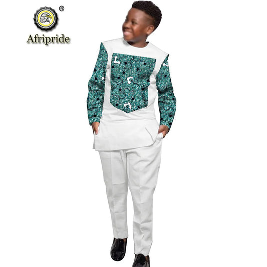 African Clothing for Boy Suit with Long Sleeves Wax Print Anakara Clothing  Dashiki Shirts and Ankara Pants AFRIPRIDE S204004