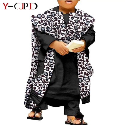 African Clothes for Kids Abaya Boys Outfits Bazin Riche Children Shirt and Pants Print Robes 3 Pieces Sets Ankara Suits S204032