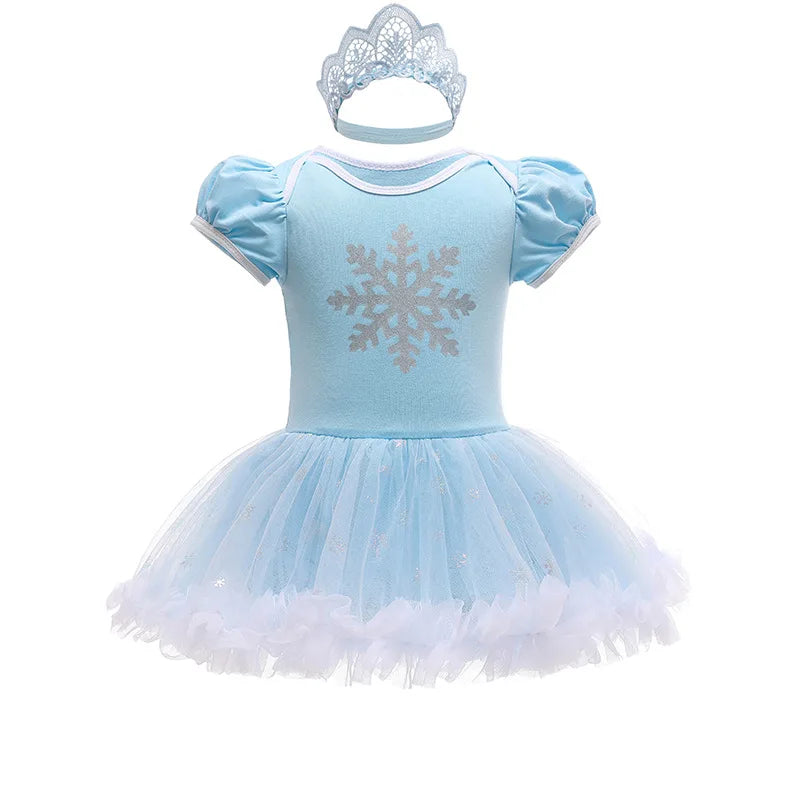 Baby Girls Princess Romper Bodysuit Headband 2pcs Elsa Anna Snow White Mermaid Bell Costumes Newborn Jumpsuits Tulle Bow Rompers