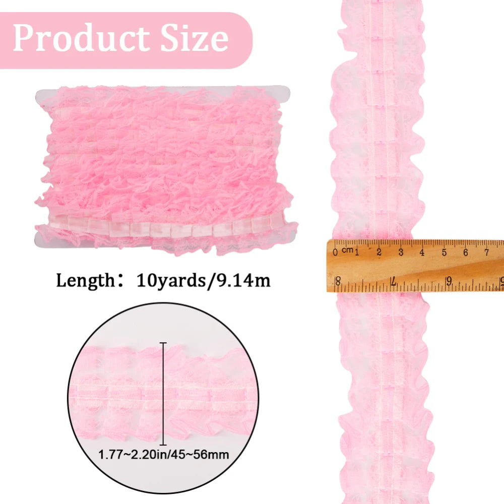 11 Yards Pink Double-Layer Pleated Chiffon Lace Trim 5cm Wide 2-Layer Gathered Ruffle Trim Edging Tulle Trimmings Fabric Ribbon