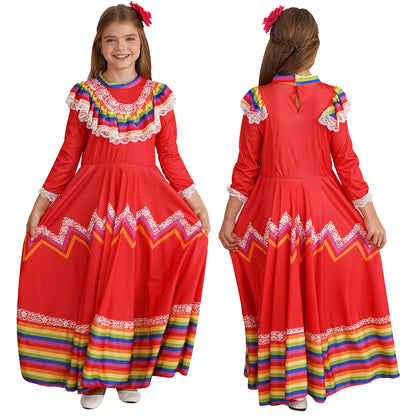 Kids Girls Mexican Style Costume Traditional Jalisco Dresses Carnival Festival Folklorico Dance Celebrations Performance Dress