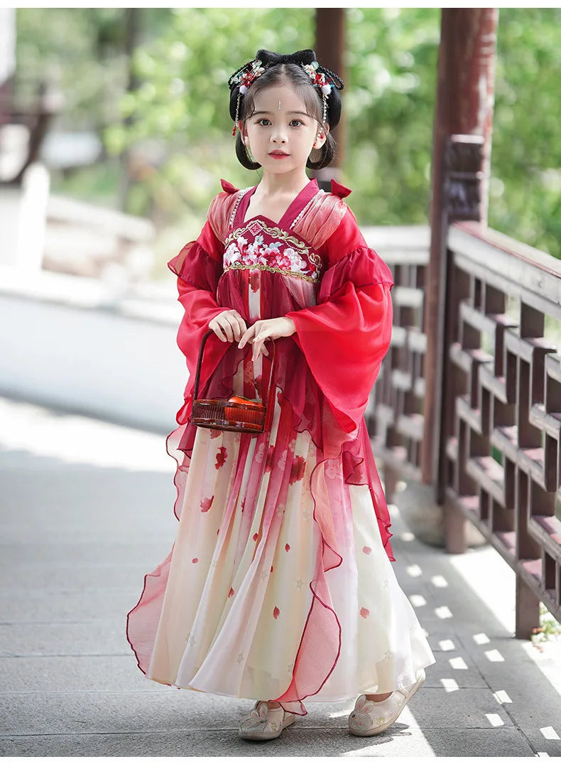 Chinese Vintage Style Girls Long Sleeve Red Hanfu Dress Sweet Chinese Princess Mesh Dress Traditional New Year Cosplay Custom