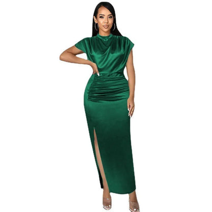 European and American Women's New Colored Satin Zipper Split High Grade Dress Long Floor Length Dress