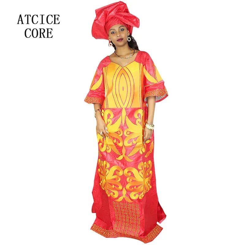 African Dress For Woman Bazin Riche Embroidery Design Floor Length Dress With Scarf