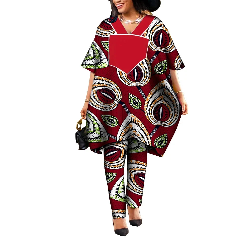 Ankara African Prints Two Pieces Set Women's Agbada Pant Suits Wax Cotton Loose T-Shirt Dashiki Clothing Plus Size WY9100