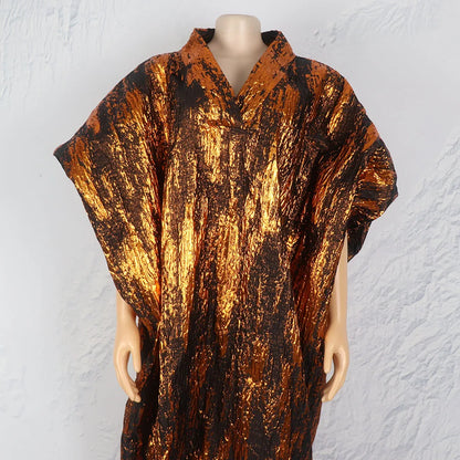 African American mother expensive custom hot gold jacquard fabric loose dress