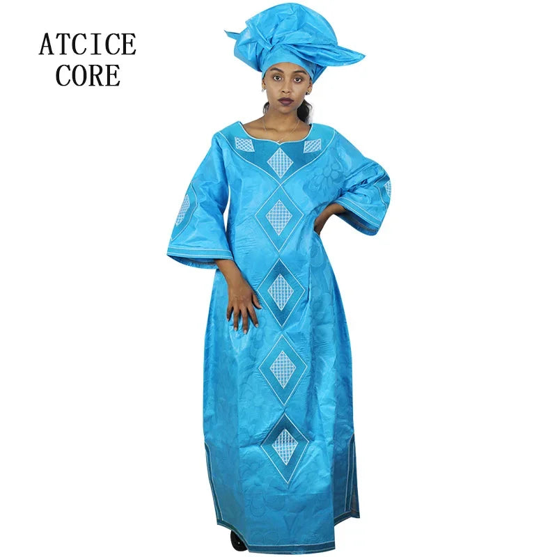 African Dresses For Women Fashion Design New African Bazin Embroidery Design Dress Long Dress With Scarf