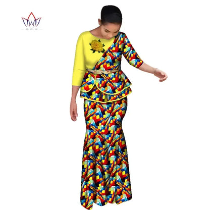 BRW Traditional African Clothes for Women Dashiki 2 Pcs Outfits Rose Applique Tops and Long Skirt Set Elegant Party Dress WY2642