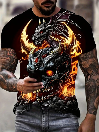 Mens Dragon Print Cotton Blend T-shirt - Stylish Crew Neck Comfortable & Breathable for Summer Casual Everyday Wear Hot Sale