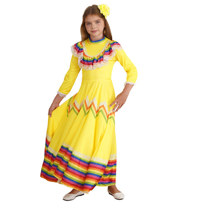 Kids Girls Mexican Style Costume Traditional Jalisco Dresses Carnival Festival Folklorico Dance Celebrations Performance Dress