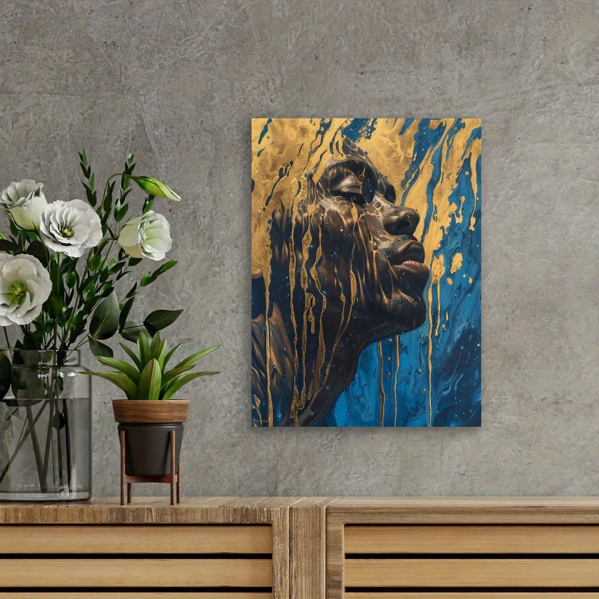 African American Woman Portrait Canvas Art with Metallic Accents & Drip Effect - Contemporary Wall Décor with Wooden Frame