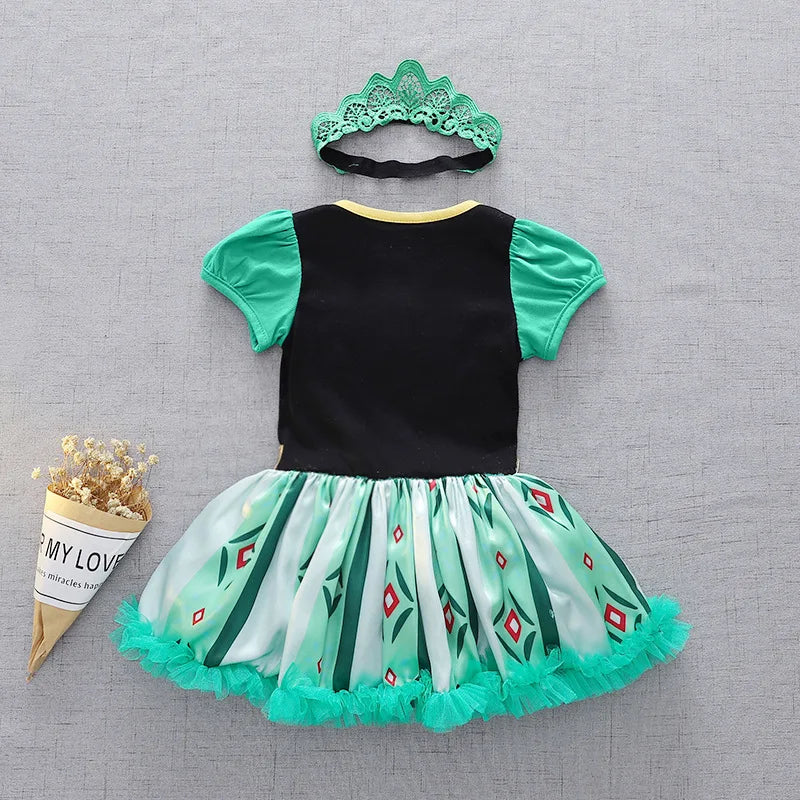 Baby Girls Princess Romper Bodysuit Headband 2pcs Elsa Anna Snow White Mermaid Bell Costumes Newborn Jumpsuits Tulle Bow Rompers